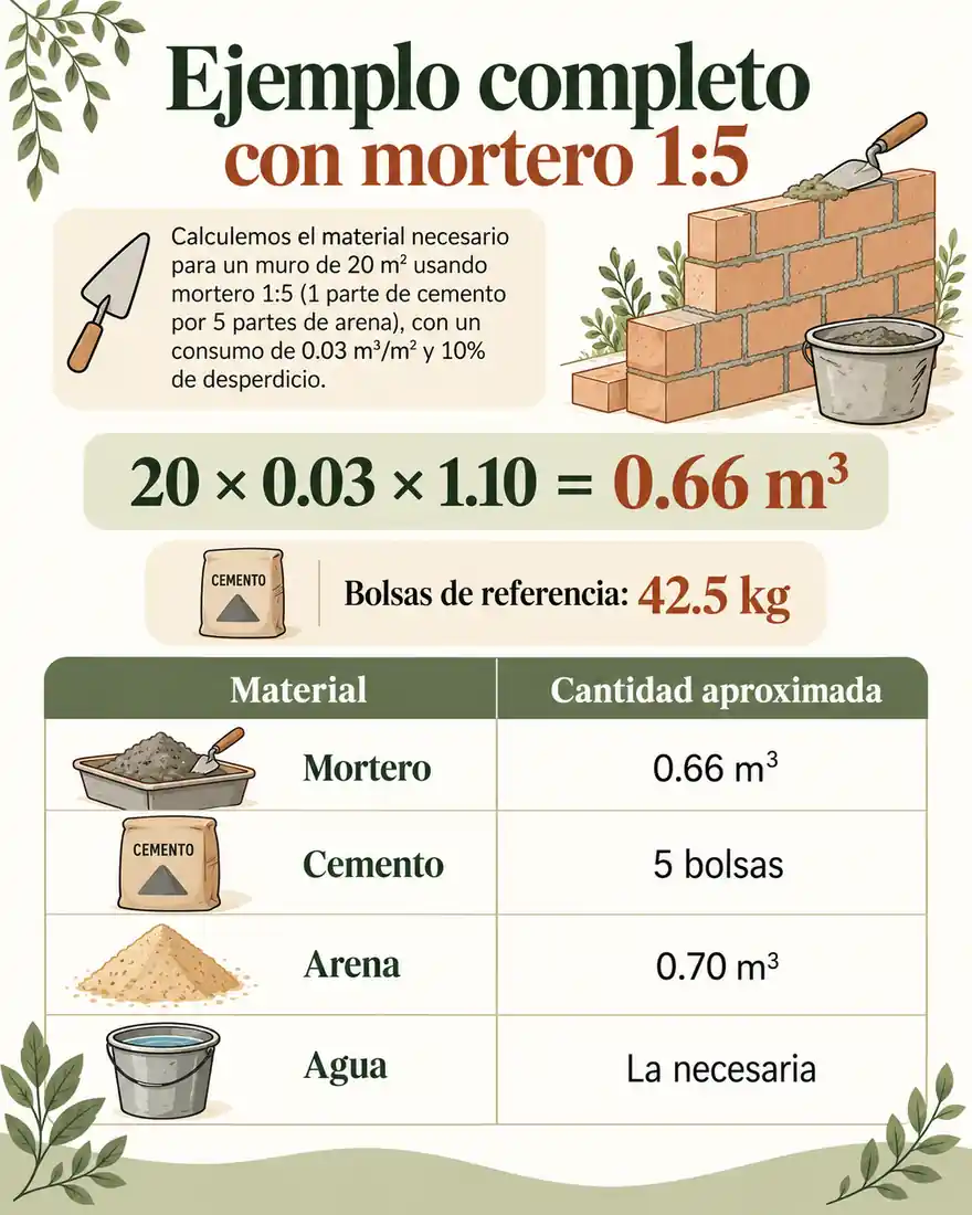 Ejemplo completo con mortero 1:5 — infografía ilustrada