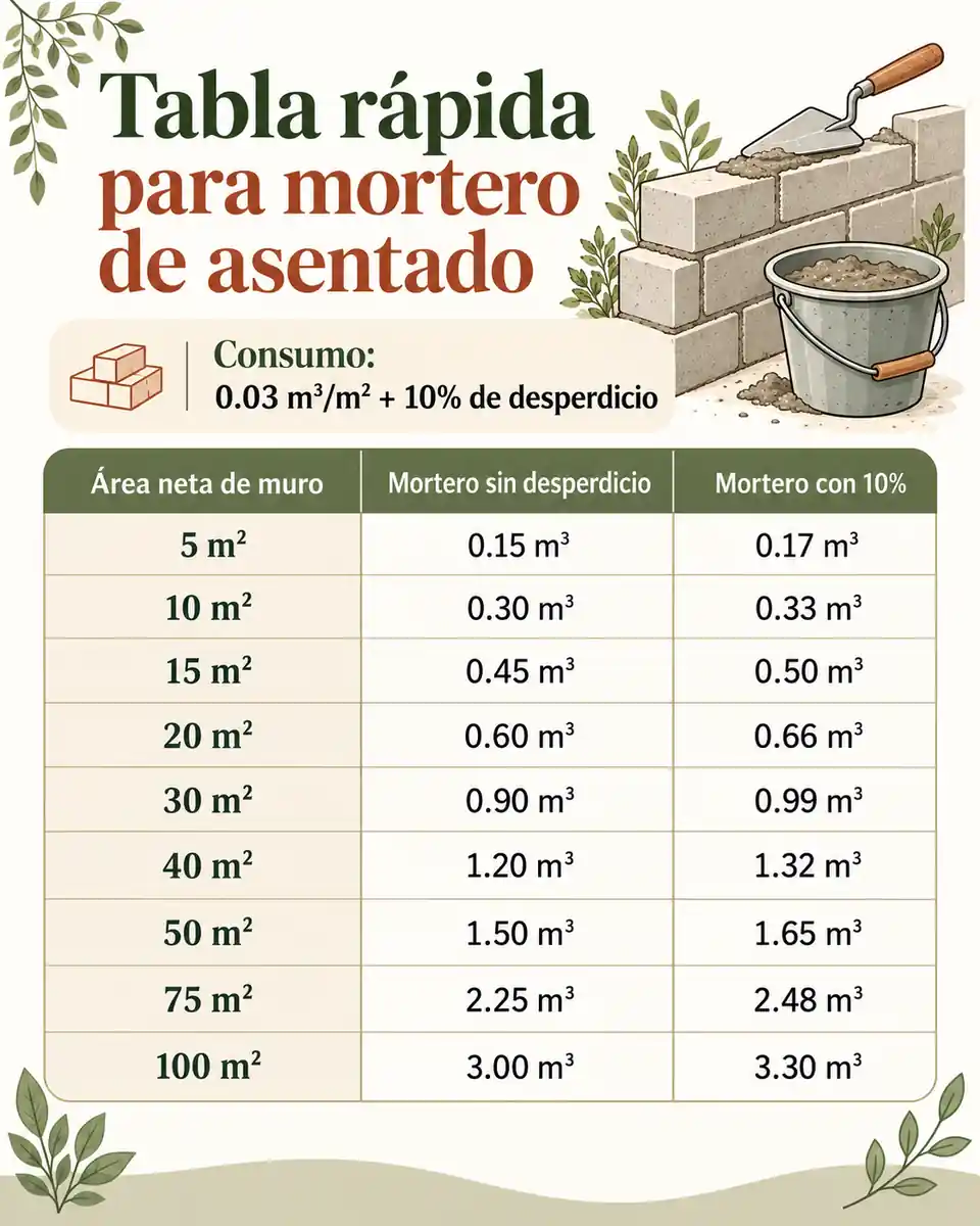 Tabla rápida para mortero de asentado — infografía ilustrada