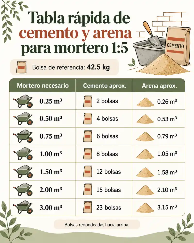 Tabla rápida de cemento y arena para mortero 1:5 — infografía ilustrada