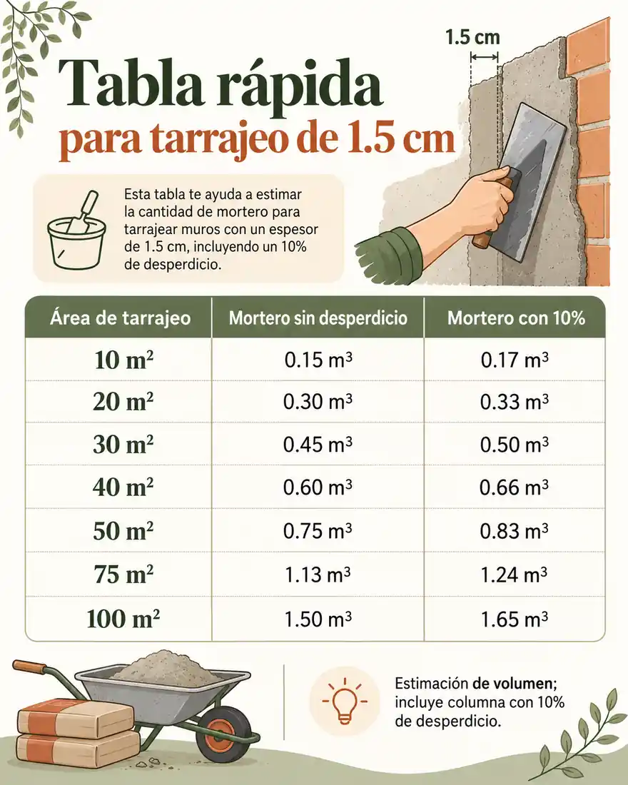 Tabla rápida para tarrajeo de 1.5 cm — infografía ilustrada