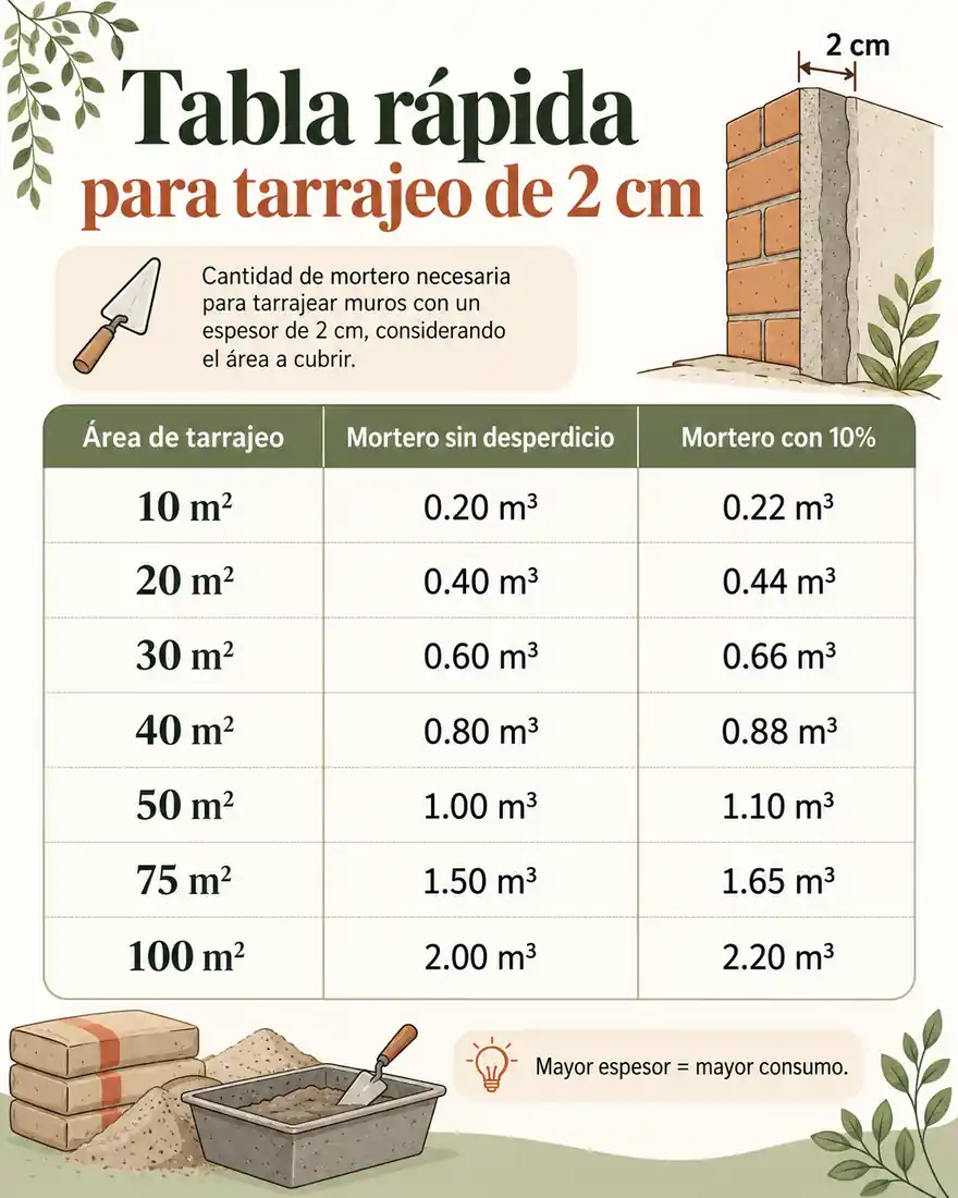 Tabla rápida para tarrajeo de 2 cm — infografía ilustrada