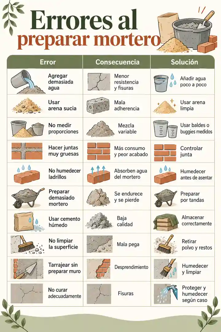 Errores comunes al preparar mortero — infografía ilustrada