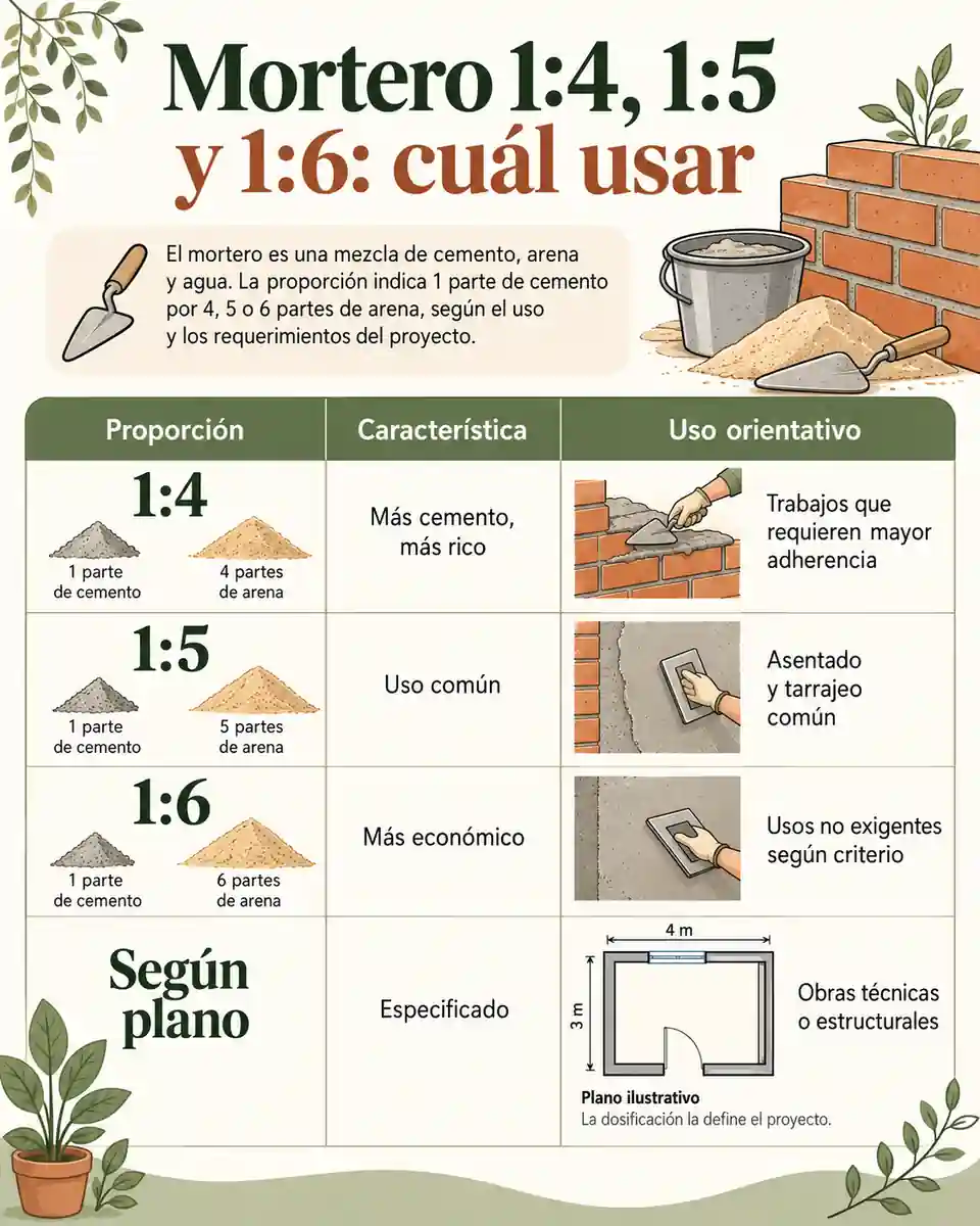 Mortero 1:4, 1:5 y 1:6: cuál usar — plano ilustrativo acotado de 4 × 3 m
